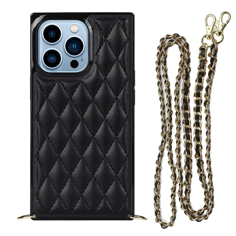 Couire de Microfibre Rhombus à L'épreuve de Choc et TPU Téléphone Téléphone Back Téléphone Avec Bandoulière en Métal Pour Iphone 13 Pro 6,1 Pouces - le Noir