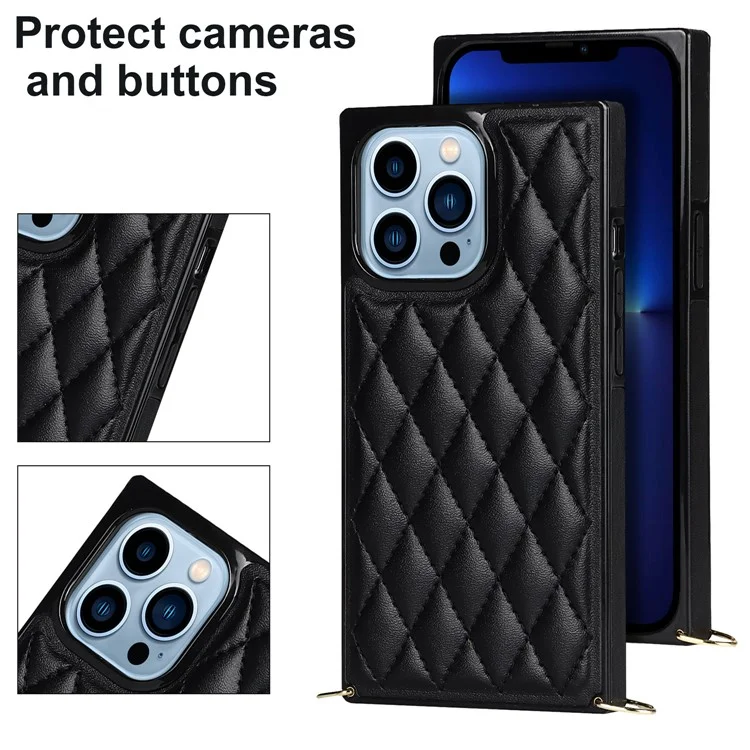 Couire de Microfibre Rhombus à L'épreuve de Choc et TPU Téléphone Téléphone Back Téléphone Avec Bandoulière en Métal Pour Iphone 13 Pro 6,1 Pouces - le Noir
