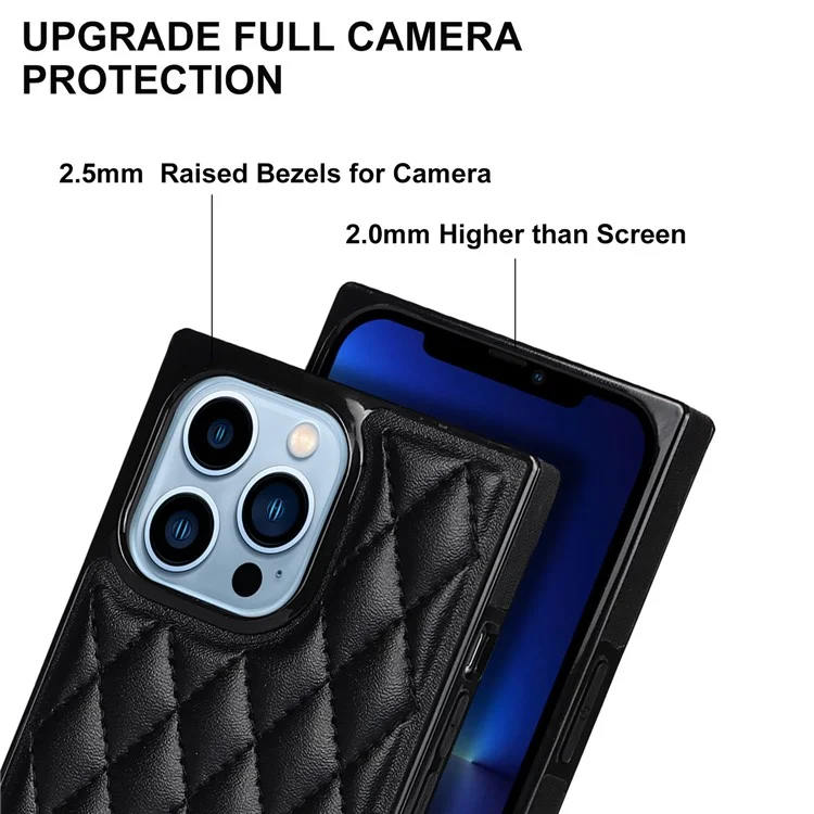 Couire de Microfibre Rhombus à L'épreuve de Choc et TPU Téléphone Téléphone Back Téléphone Avec Bandoulière en Métal Pour Iphone 13 Pro 6,1 Pouces - le Noir