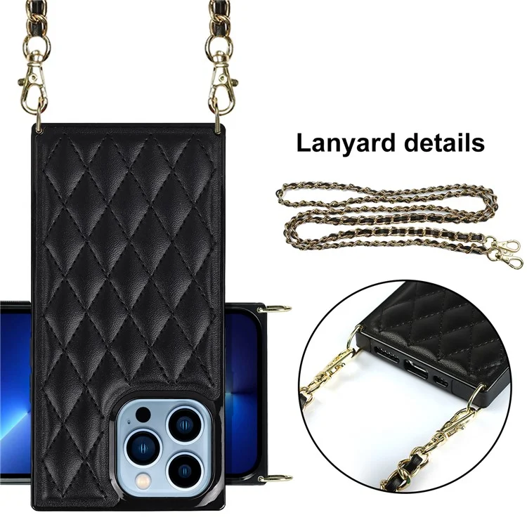 Couire de Microfibre Rhombus à L'épreuve de Choc et TPU Téléphone Téléphone Back Téléphone Avec Bandoulière en Métal Pour Iphone 13 Pro 6,1 Pouces - le Noir