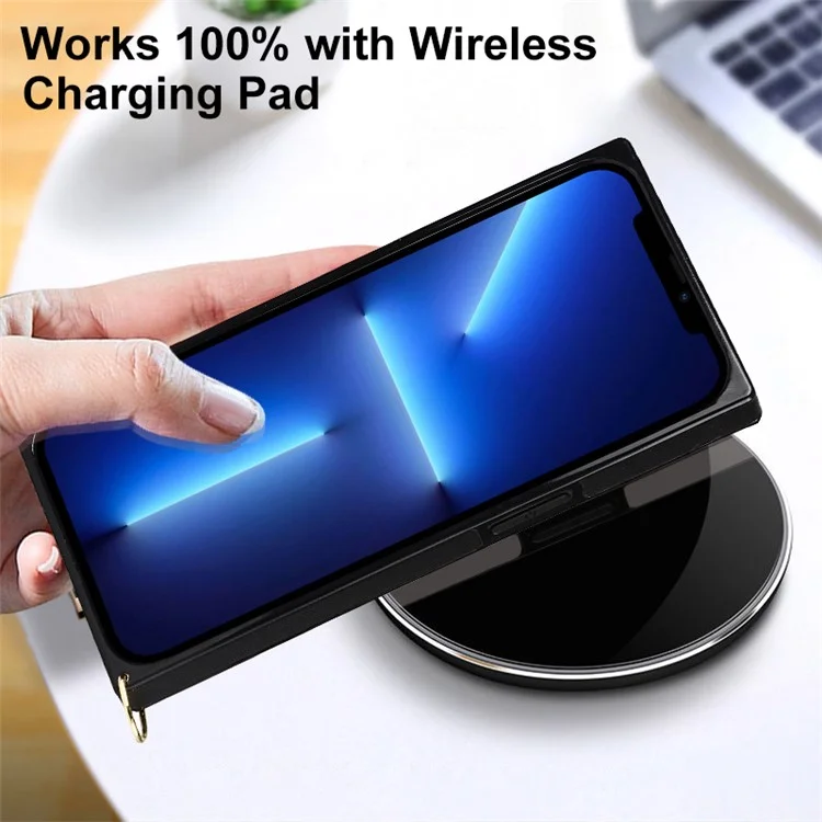 Couire de Microfibre Rhombus à L'épreuve de Choc et TPU Téléphone Téléphone Back Téléphone Avec Bandoulière en Métal Pour Iphone 13 Pro 6,1 Pouces - le Noir