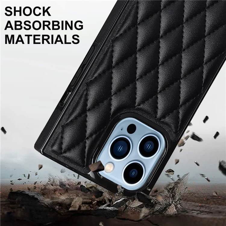 Couire de Microfibre Rhombus à L'épreuve de Choc et TPU Téléphone Téléphone Back Téléphone Avec Bandoulière en Métal Pour Iphone 13 Pro 6,1 Pouces - le Noir