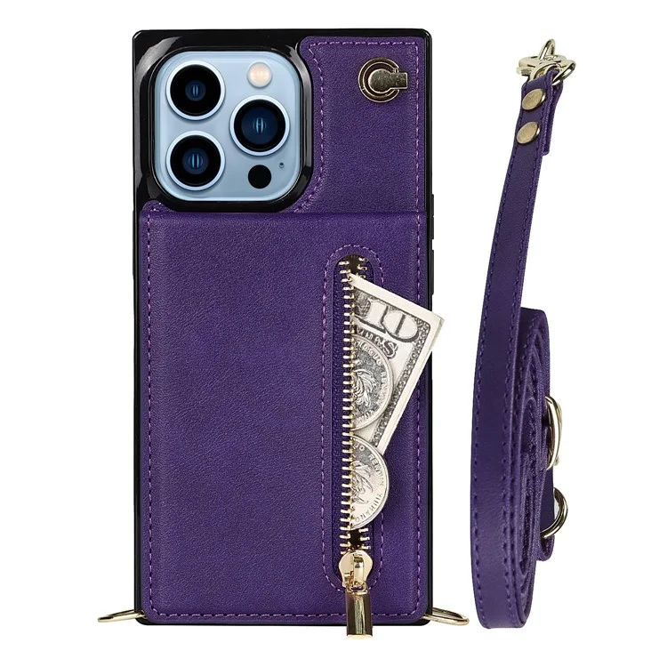 PU Leather Kickstand Phone Case Well-protected Classic Zippered Wallet Pouch with Shoulder Strap for iPhone 13 Pro 6.1 inch - Purple