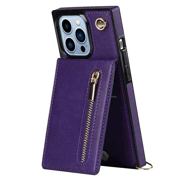 PU Leather Kickstand Phone Case Well-protected Classic Zippered Wallet Pouch with Shoulder Strap for iPhone 13 Pro 6.1 inch - Purple