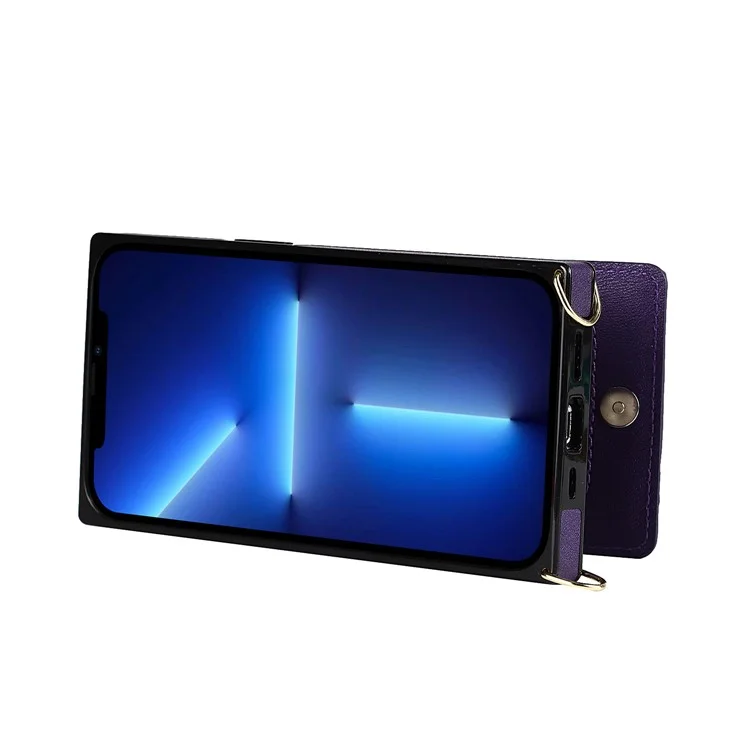 PU Leather Kickstand Phone Case Well-protected Classic Zippered Wallet Pouch with Shoulder Strap for iPhone 13 Pro 6.1 inch - Purple