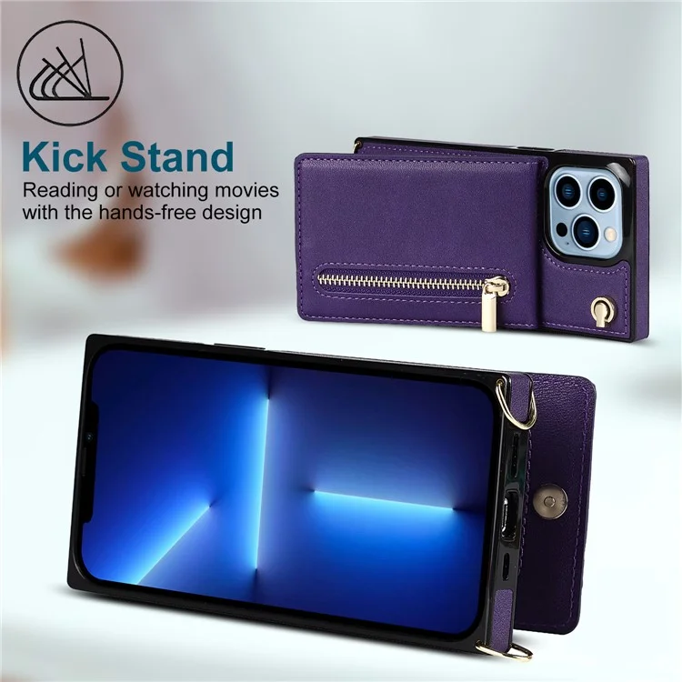 PU Leather Kickstand Phone Case Well-protected Classic Zippered Wallet Pouch with Shoulder Strap for iPhone 13 Pro 6.1 inch - Purple