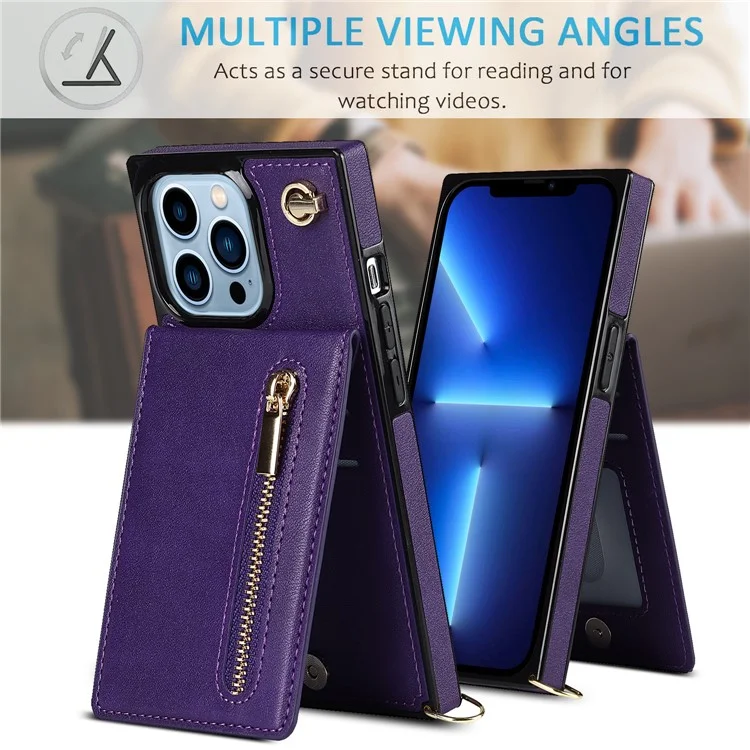 PU Leather Kickstand Phone Case Well-protected Classic Zippered Wallet Pouch with Shoulder Strap for iPhone 13 Pro 6.1 inch - Purple