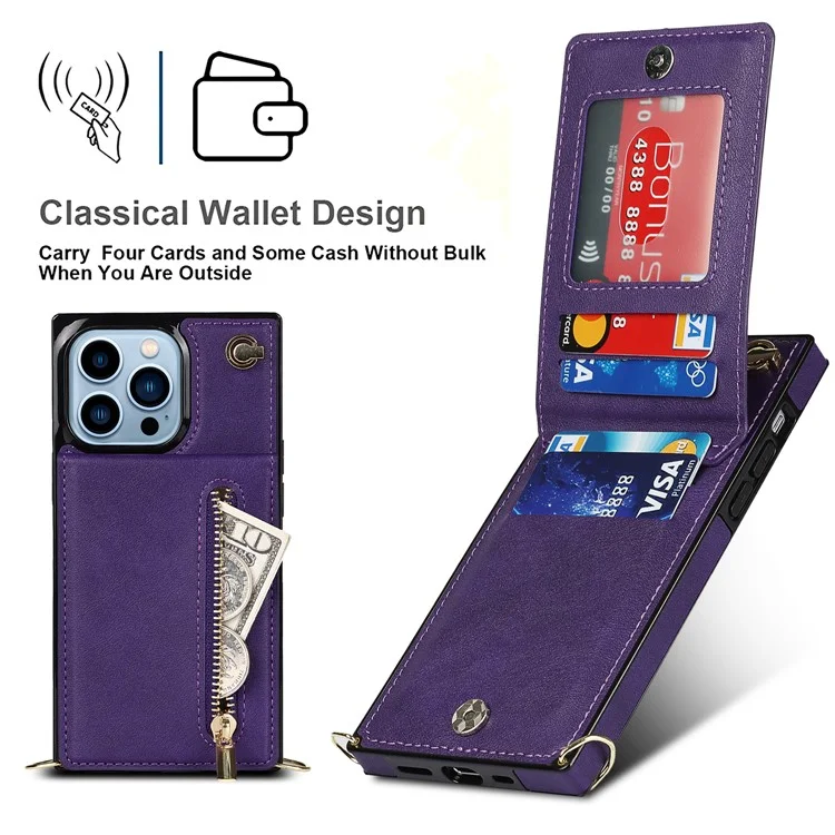 PU Leather Kickstand Phone Case Well-protected Classic Zippered Wallet Pouch with Shoulder Strap for iPhone 13 Pro 6.1 inch - Purple