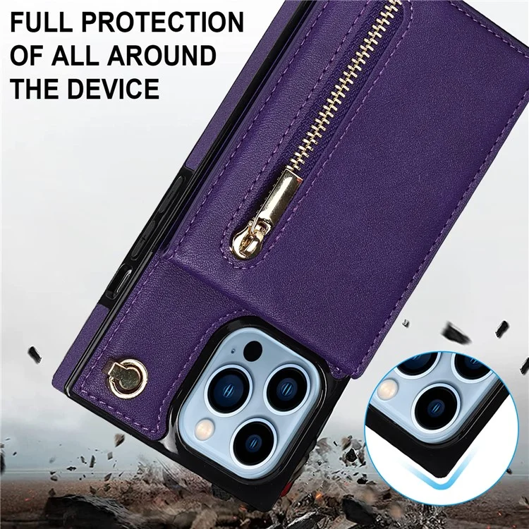 PU Leather Kickstand Phone Case Well-protected Classic Zippered Wallet Pouch with Shoulder Strap for iPhone 13 Pro 6.1 inch - Purple