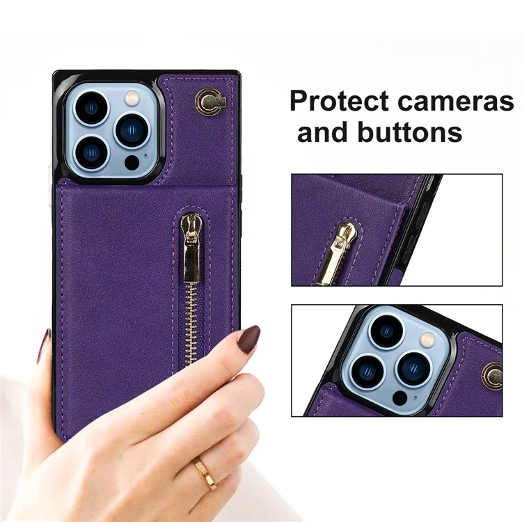 PU Leather Kickstand Phone Case Well-protected Classic Zippered Wallet Pouch with Shoulder Strap for iPhone 13 Pro 6.1 inch - Purple