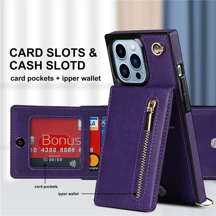 PU Leather Kickstand Phone Case Well-protected Classic Zippered Wallet Pouch with Shoulder Strap for iPhone 13 Pro 6.1 inch - Purple