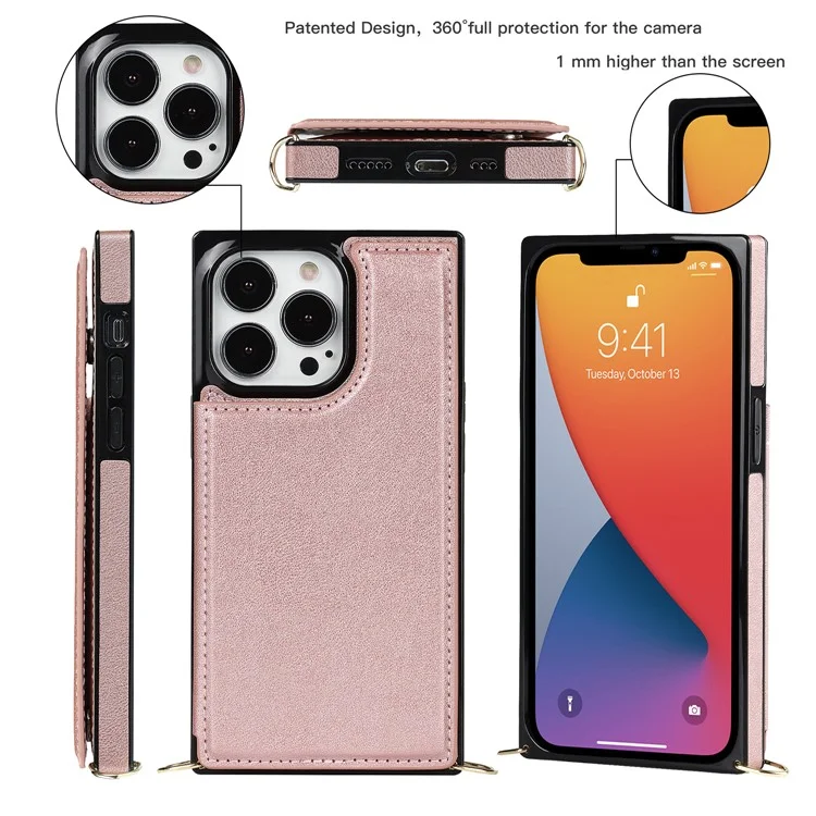 Shoulders Phone Pouch Kickstand RFID Blocking Anti-theft Swiping Protective Cover for iPhone 13 Pro Max - Rose Gold