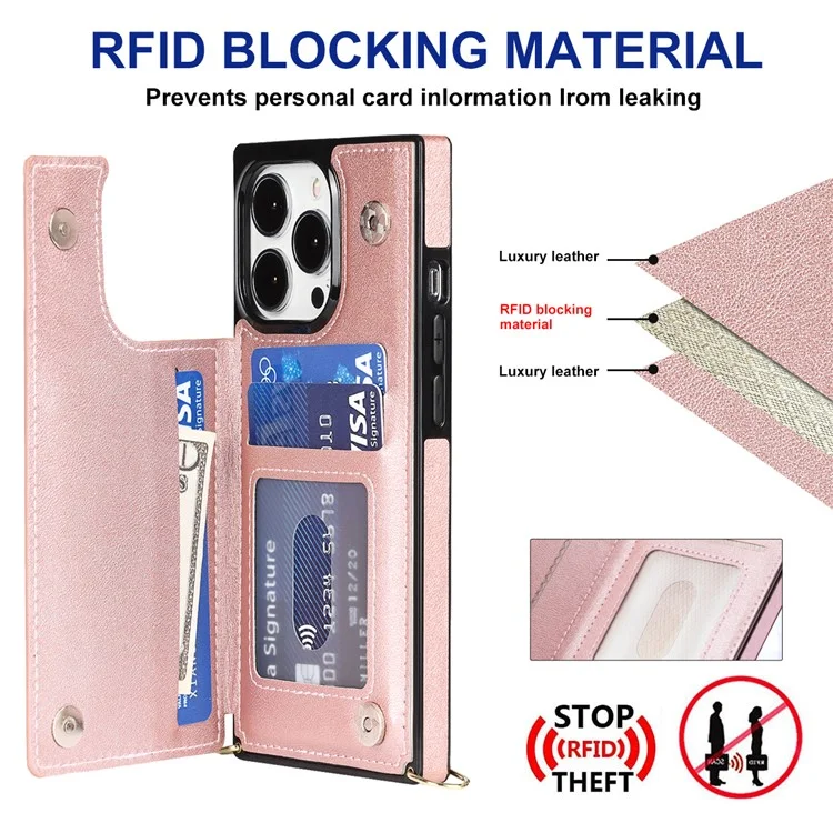 Shoulders Phone Pouch Kickstand RFID Blocking Anti-theft Swiping Protective Cover for iPhone 13 Pro Max - Rose Gold