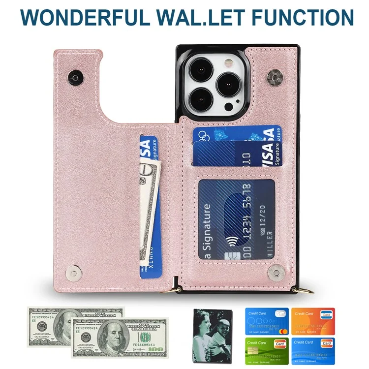 Shoulders Phone Pouch Kickstand RFID Blocking Anti-theft Swiping Protective Cover for iPhone 13 Pro Max - Rose Gold