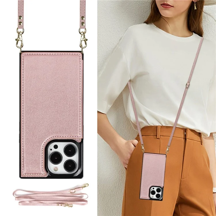 Shoulders Phone Pouch Kickstand RFID Blocking Anti-theft Swiping Protective Cover for iPhone 13 Pro Max - Rose Gold