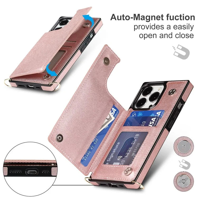 Shoulders Phone Pouch Kickstand RFID Blocking Anti-theft Swiping Protective Cover for iPhone 13 Pro Max - Rose Gold
