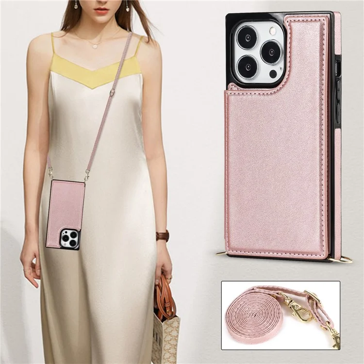 Shoulders Phone Pouch Kickstand RFID Blocking Anti-theft Swiping Protective Cover for iPhone 13 Pro Max - Rose Gold