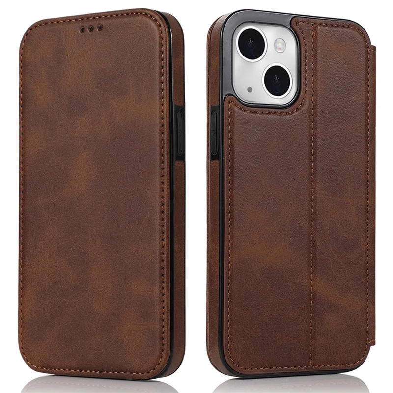 Jazz Series Card Slots PU Leather Magnetic Auto Closing Phone Cover Stand Protective Shell for iPhone 13 6.1 inch - Brown