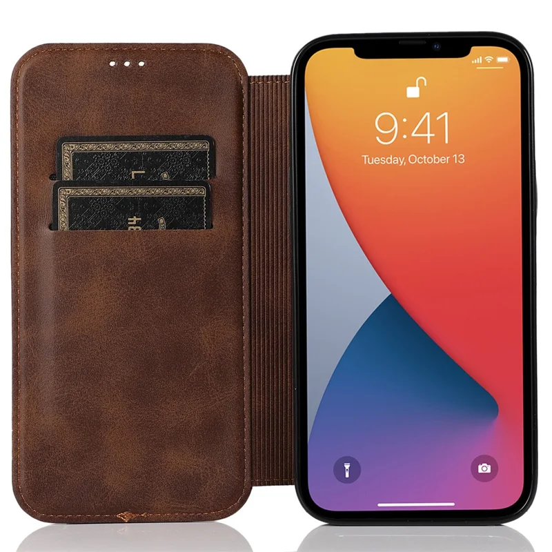 Jazz Series Card Slots PU Leather Magnetic Auto Closing Phone Cover Stand Protective Shell for iPhone 13 6.1 inch - Brown