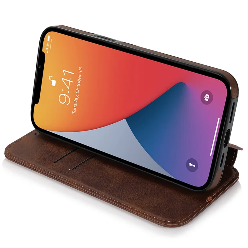 Jazz Series Card Slots PU Leather Magnetic Auto Closing Phone Cover Stand Protective Shell for iPhone 13 6.1 inch - Brown