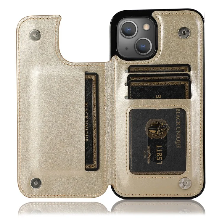 Phone Cover Imprinted Flower Kickstand Card Holder Scratch-resistant PU Leather Coated TPU Protective Case for iPhone 13 6.1 inch - Gold