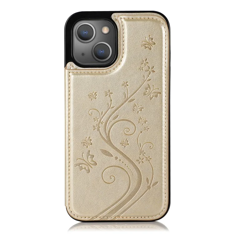 Phone Cover Imprinted Flower Kickstand Card Holder Scratch-resistant PU Leather Coated TPU Protective Case for iPhone 13 6.1 inch - Gold