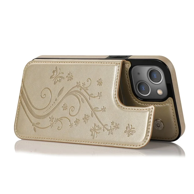 Phone Cover Imprinted Flower Kickstand Card Holder Scratch-resistant PU Leather Coated TPU Protective Case for iPhone 13 6.1 inch - Gold