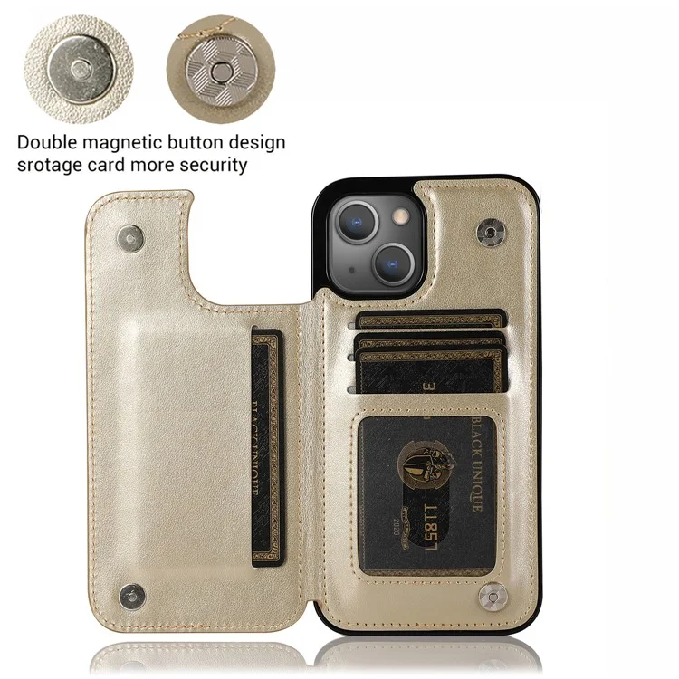 Phone Cover Imprinted Flower Kickstand Card Holder Scratch-resistant PU Leather Coated TPU Protective Case for iPhone 13 6.1 inch - Gold
