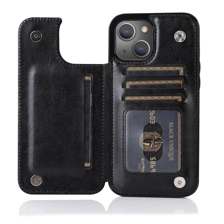Custodia per telefono in pelle PU rivestita in TPU con pulsanti magnetici doppi, texture Crazy Horse, supporto e porta carte, resistente ai graffi, per iPhone 13 6.1 pollici - Nero
