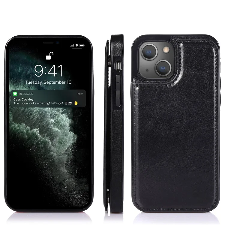 Custodia per telefono in pelle PU rivestita in TPU con pulsanti magnetici doppi, texture Crazy Horse, supporto e porta carte, resistente ai graffi, per iPhone 13 6.1 pollici - Nero