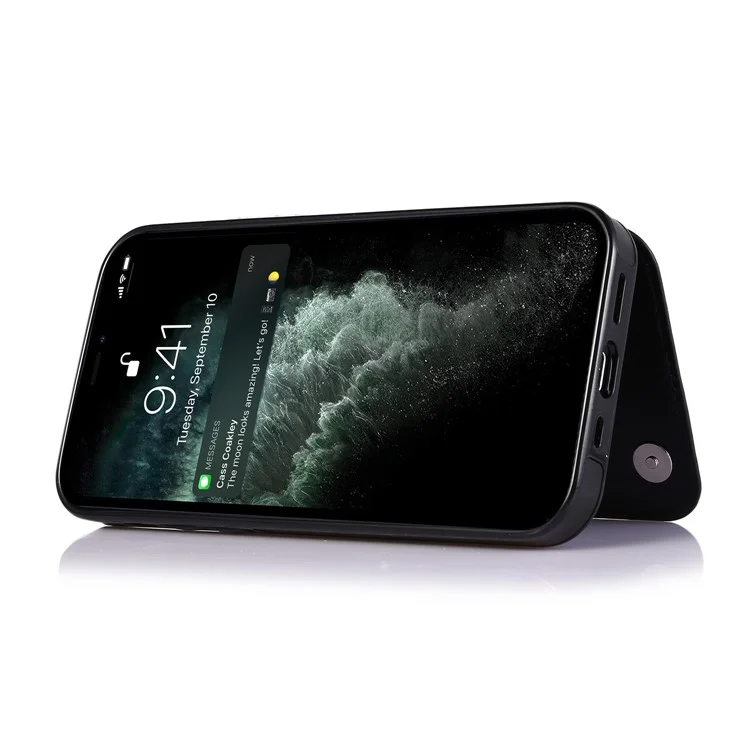 Custodia per telefono in pelle PU rivestita in TPU con pulsanti magnetici doppi, texture Crazy Horse, supporto e porta carte, resistente ai graffi, per iPhone 13 6.1 pollici - Nero