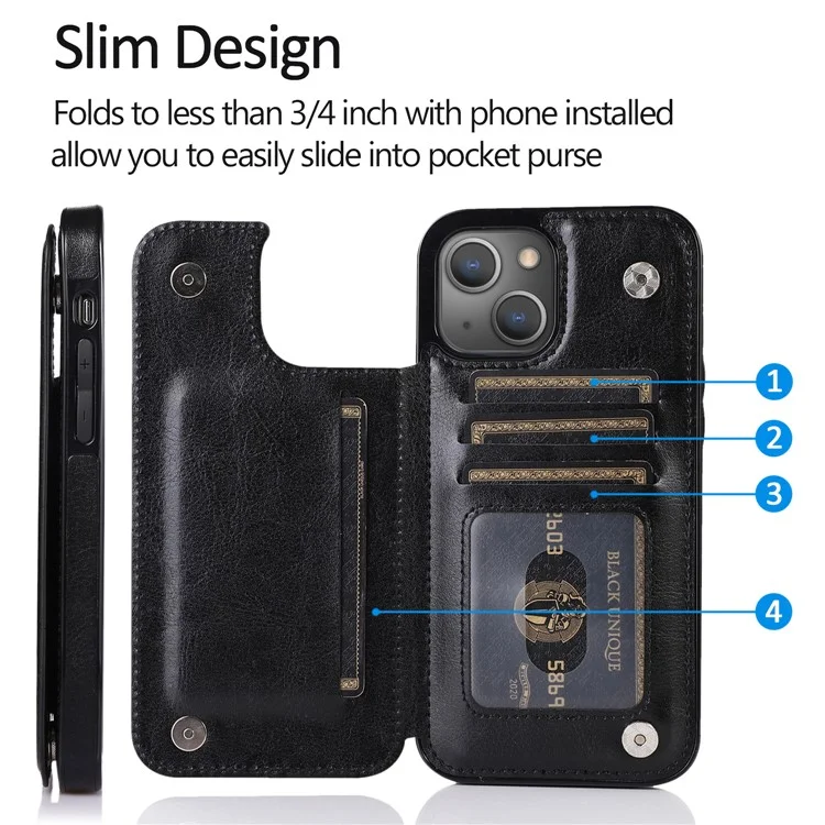 Custodia per telefono in pelle PU rivestita in TPU con pulsanti magnetici doppi, texture Crazy Horse, supporto e porta carte, resistente ai graffi, per iPhone 13 6.1 pollici - Nero