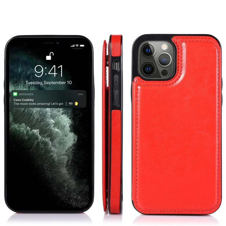 High-end PU Leather and TPU Phone Case Double Magnetic Buttons Crazy Horse Texture Kickstand Card Holder Phone Cover for iPhone 13 Pro 6.1 inch - Red