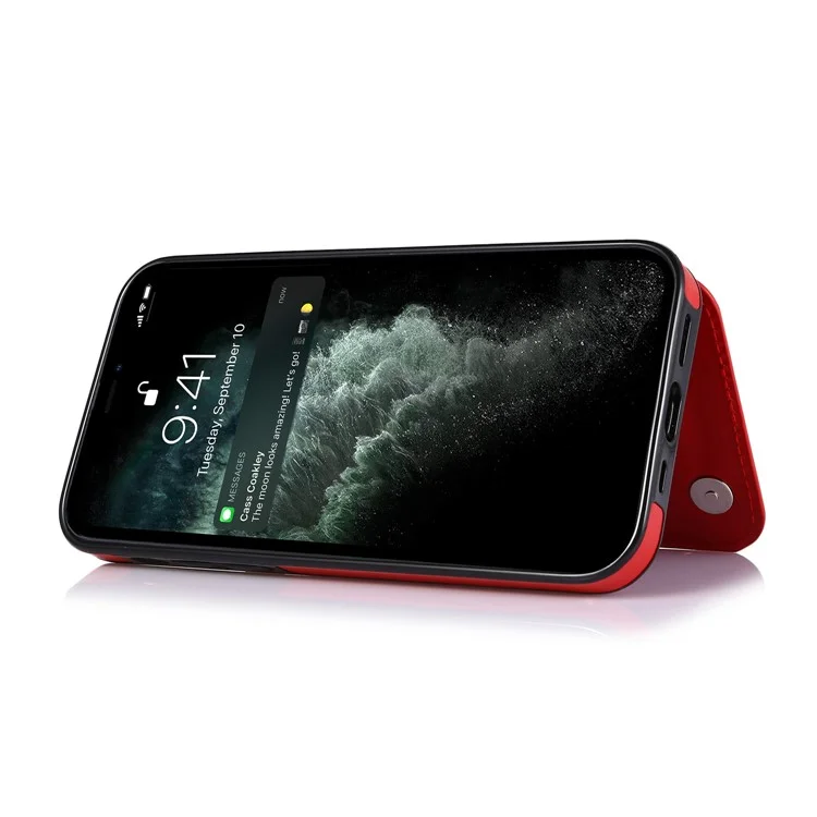 High-end PU Leather and TPU Phone Case Double Magnetic Buttons Crazy Horse Texture Kickstand Card Holder Phone Cover for iPhone 13 Pro 6.1 inch - Red