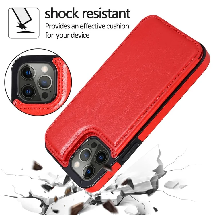 High-end PU Leather and TPU Phone Case Double Magnetic Buttons Crazy Horse Texture Kickstand Card Holder Phone Cover for iPhone 13 Pro 6.1 inch - Red
