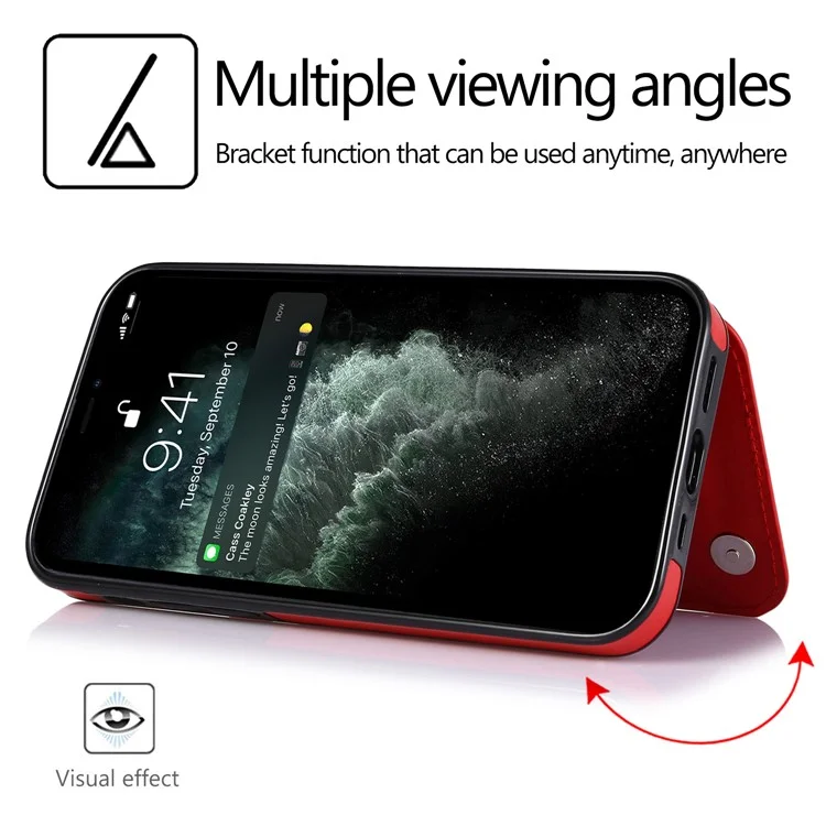 High-end PU Leather and TPU Phone Case Double Magnetic Buttons Crazy Horse Texture Kickstand Card Holder Phone Cover for iPhone 13 Pro 6.1 inch - Red