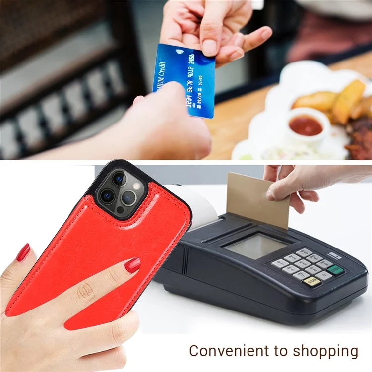 High-end PU Leather and TPU Phone Case Double Magnetic Buttons Crazy Horse Texture Kickstand Card Holder Phone Cover for iPhone 13 Pro 6.1 inch - Red