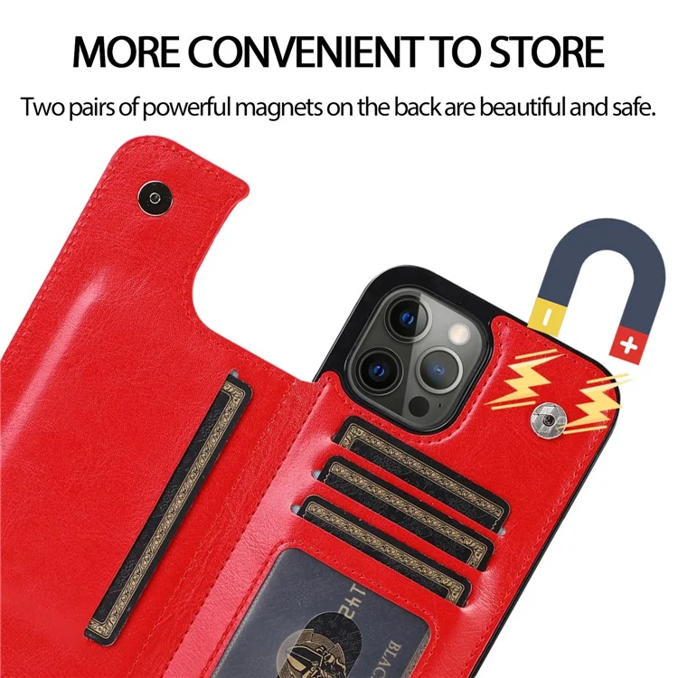 High-end PU Leather and TPU Phone Case Double Magnetic Buttons Crazy Horse Texture Kickstand Card Holder Phone Cover for iPhone 13 Pro 6.1 inch - Red