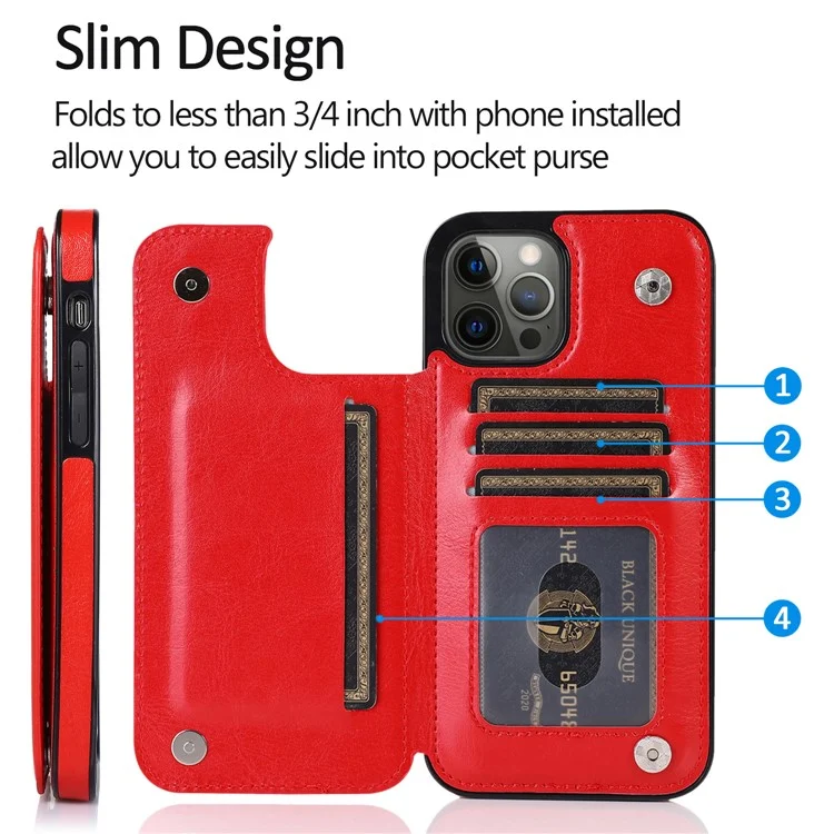 High-end PU Leather and TPU Phone Case Double Magnetic Buttons Crazy Horse Texture Kickstand Card Holder Phone Cover for iPhone 13 Pro 6.1 inch - Red