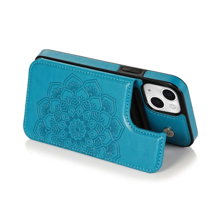 PU Leather Coated TPU Phone Case Double Magnetic Buttons Imprinted Mandala Flower Kickstand Card Holder Scratch-resistant Phone Cover for iPhone 13 mini 5.4 inch - Blue