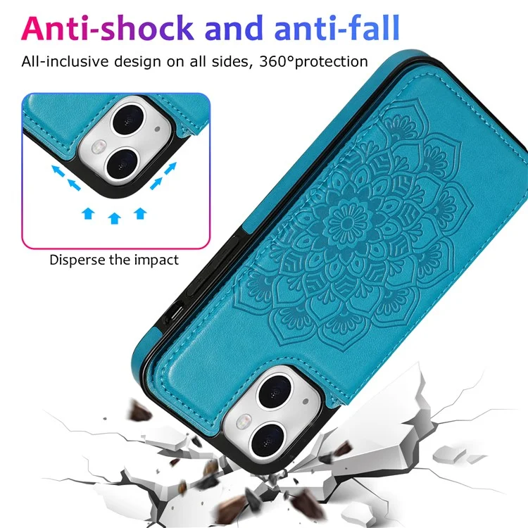 PU Leather Coated TPU Phone Case Double Magnetic Buttons Imprinted Mandala Flower Kickstand Card Holder Scratch-resistant Phone Cover for iPhone 13 mini 5.4 inch - Blue