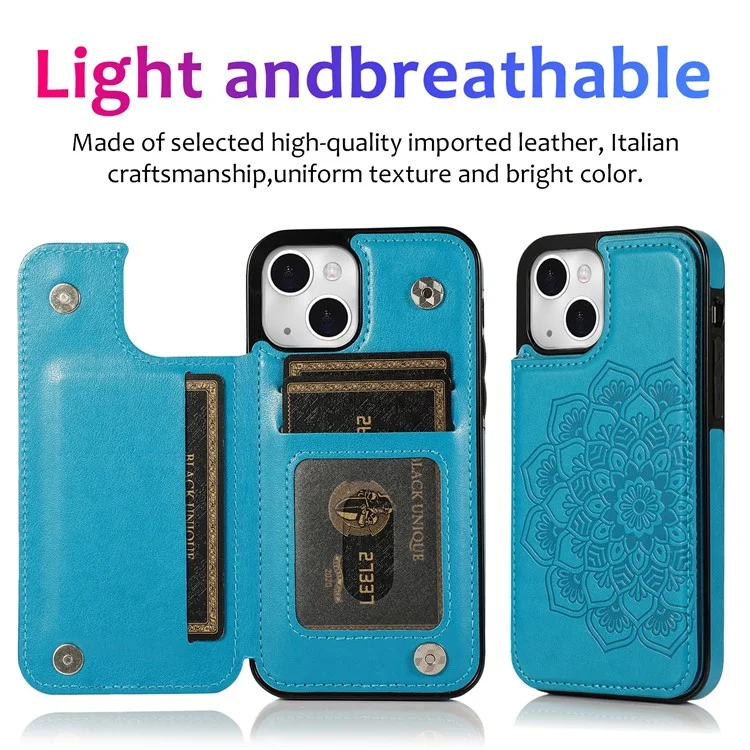 PU Leather Coated TPU Phone Case Double Magnetic Buttons Imprinted Mandala Flower Kickstand Card Holder Scratch-resistant Phone Cover for iPhone 13 mini 5.4 inch - Blue