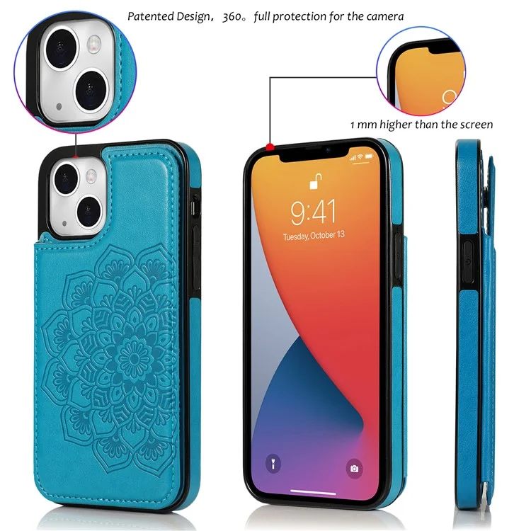 PU Leather Coated TPU Phone Case Double Magnetic Buttons Imprinted Mandala Flower Kickstand Card Holder Scratch-resistant Phone Cover for iPhone 13 mini 5.4 inch - Blue