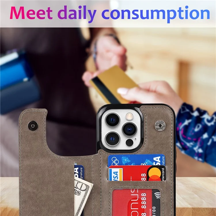 Durable PU Leather Coated TPU Phone Case Double Magnetic Buttons Imprinted Mandala Flower Kickstand Card Holder Scratch-resistant Phone Cover for iPhone 13 Pro 6.1 inch - Grey