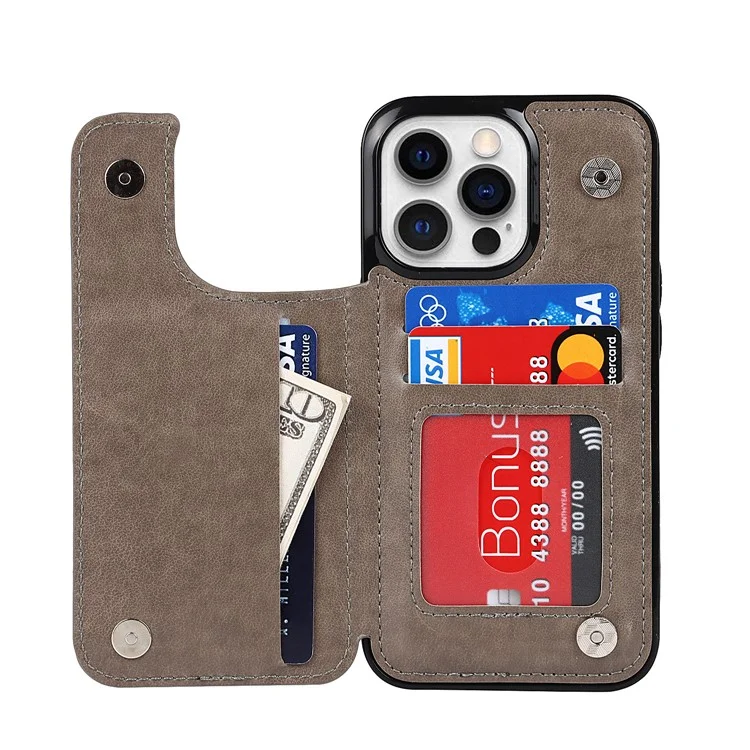 Mandala Flower PU Leather Coated TPU Phone Case Double Magnetic Buttons Kickstand Card Holder Scratch-resistant Phone Cover for iPhone 13 Pro Max 6.7 inch - Grey