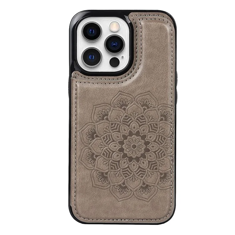 Mandala Flower PU Leather Coated TPU Phone Case Double Magnetic Buttons Kickstand Card Holder Scratch-resistant Phone Cover for iPhone 13 Pro Max 6.7 inch - Grey