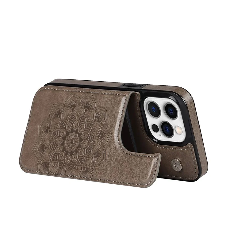 Mandala Flower PU Leather Coated TPU Phone Case Double Magnetic Buttons Kickstand Card Holder Scratch-resistant Phone Cover for iPhone 13 Pro Max 6.7 inch - Grey