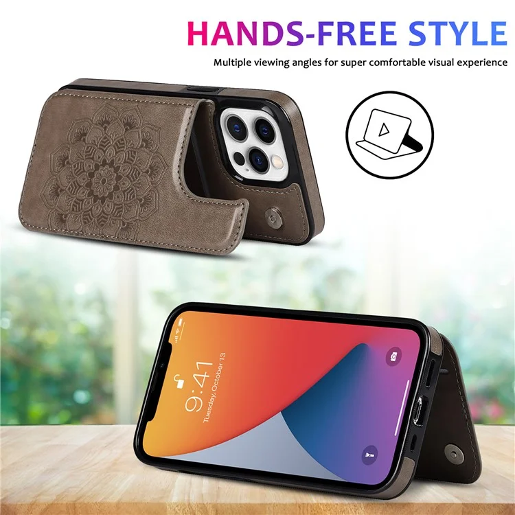 Mandala Flower PU Leather Coated TPU Phone Case Double Magnetic Buttons Kickstand Card Holder Scratch-resistant Phone Cover for iPhone 13 Pro Max 6.7 inch - Grey