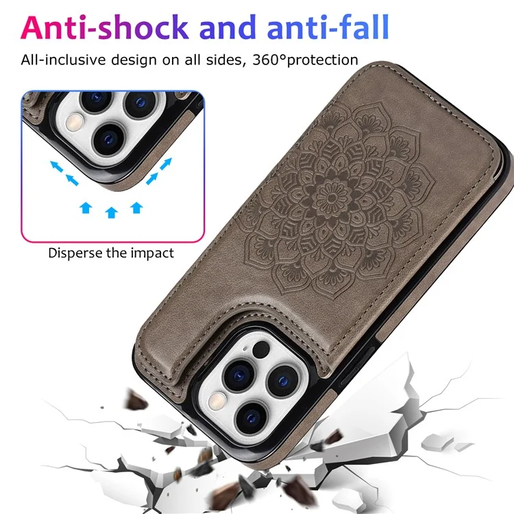 Mandala Flower PU Leather Coated TPU Phone Case Double Magnetic Buttons Kickstand Card Holder Scratch-resistant Phone Cover for iPhone 13 Pro Max 6.7 inch - Grey
