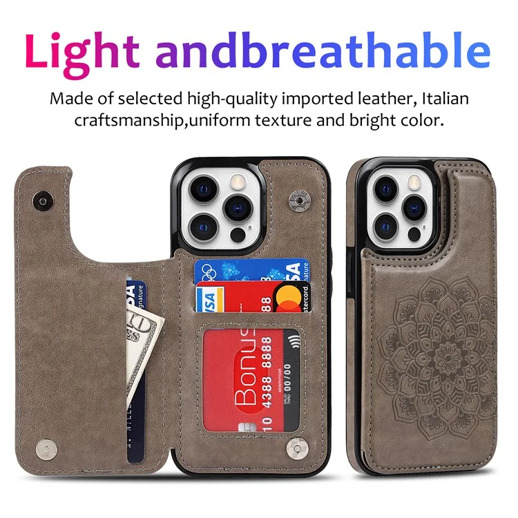 Mandala Flower PU Leather Coated TPU Phone Case Double Magnetic Buttons Kickstand Card Holder Scratch-resistant Phone Cover for iPhone 13 Pro Max 6.7 inch - Grey